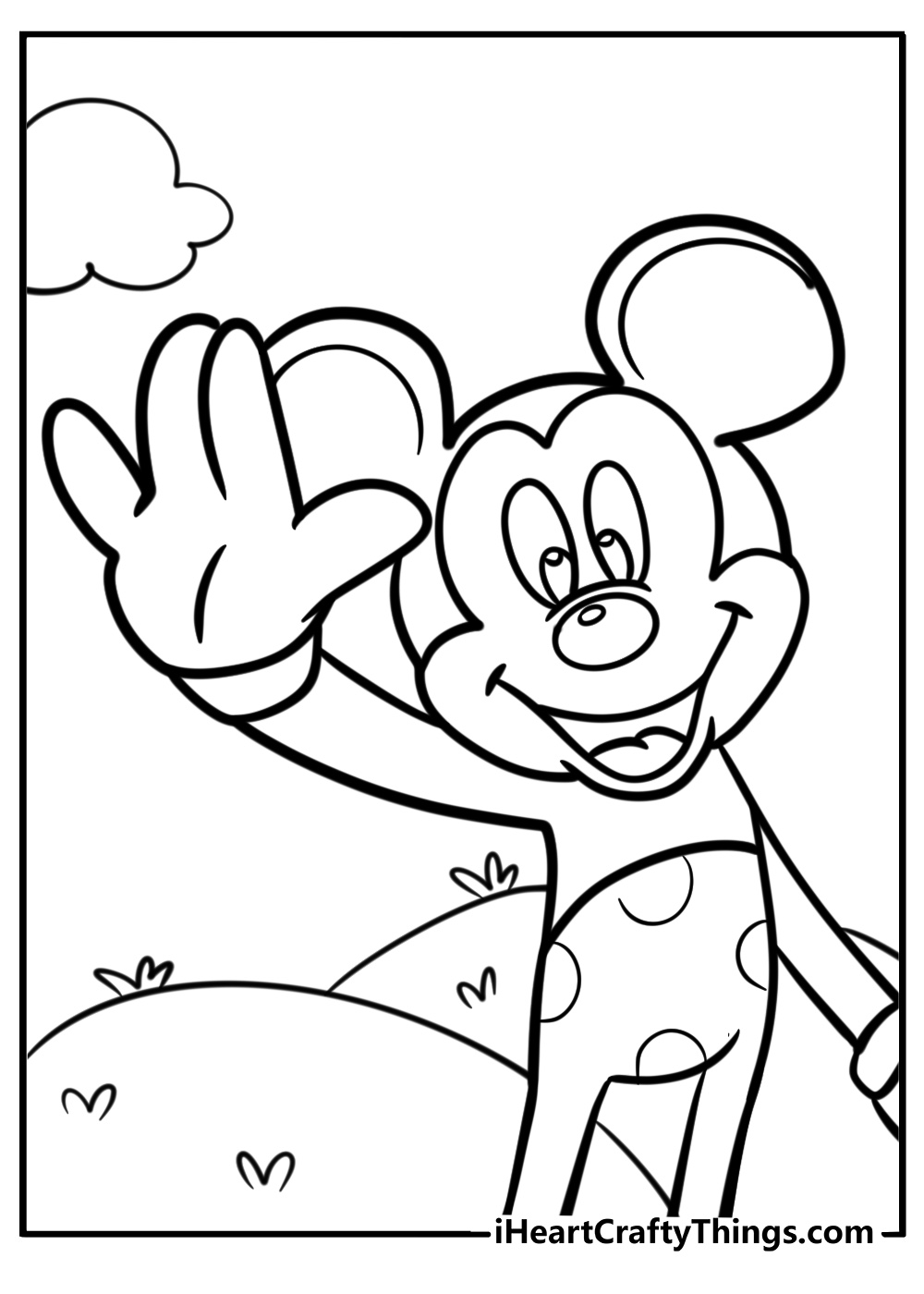 Detailed black-and-white printable of a happy waving Mickey Mouse with a meadow and cloud in the background