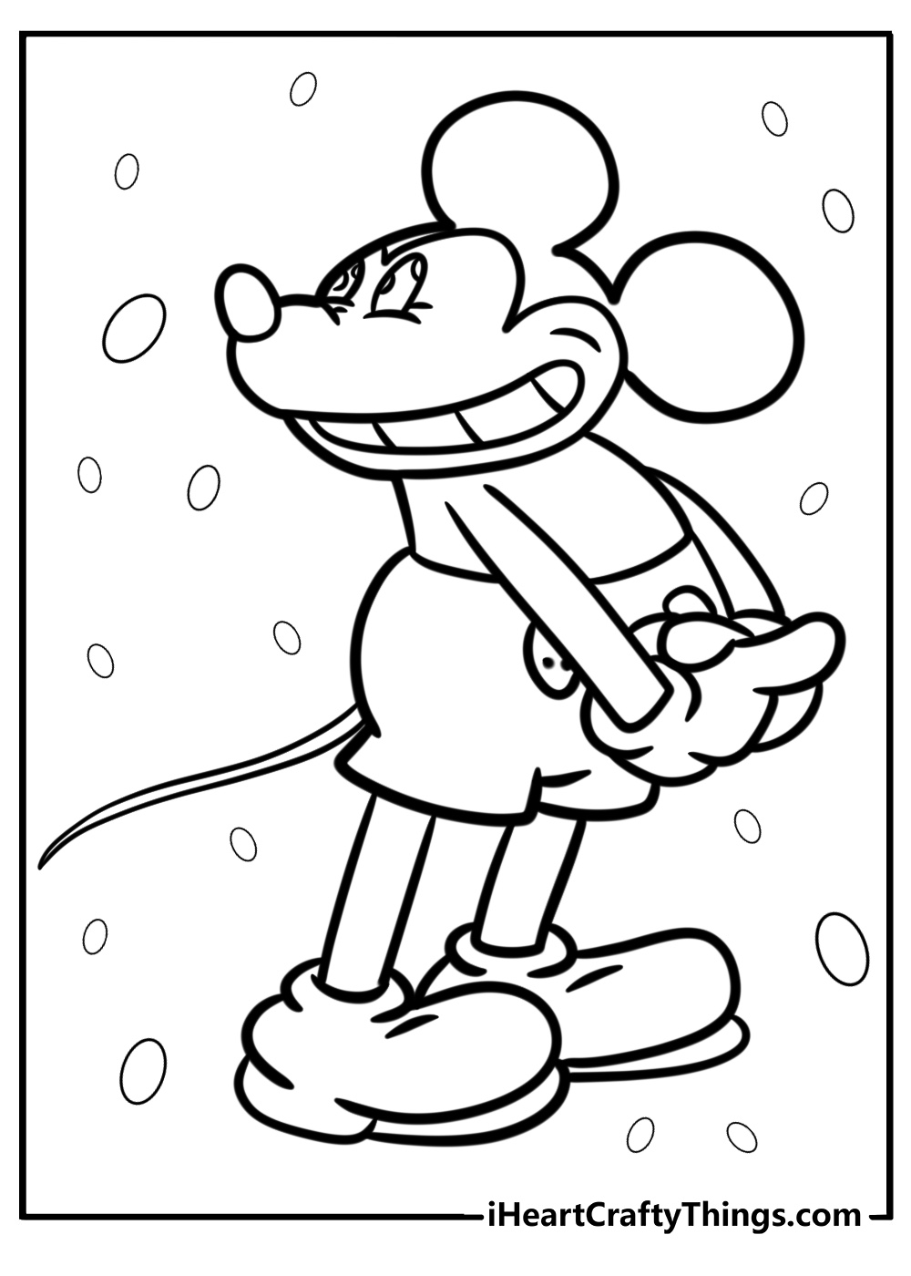 Printable sheet featuring Mickey Mouse with a big grin ih nis classic outfit with snow in the background