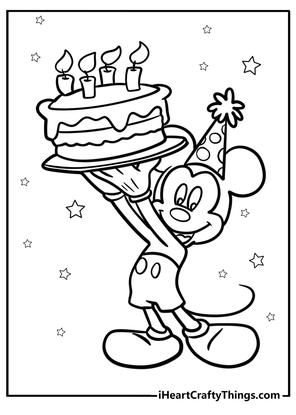 Mickey mouse with a birthday cake fun coloring sheet