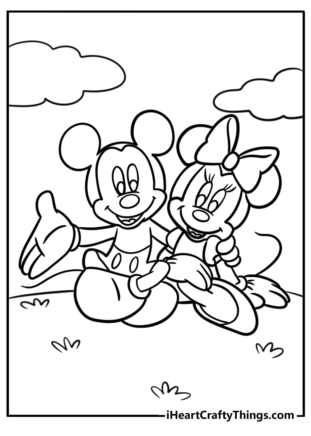 Printable pdf to color of a cute Mickey Mouse sitting in the meadow with Minnie Mouse