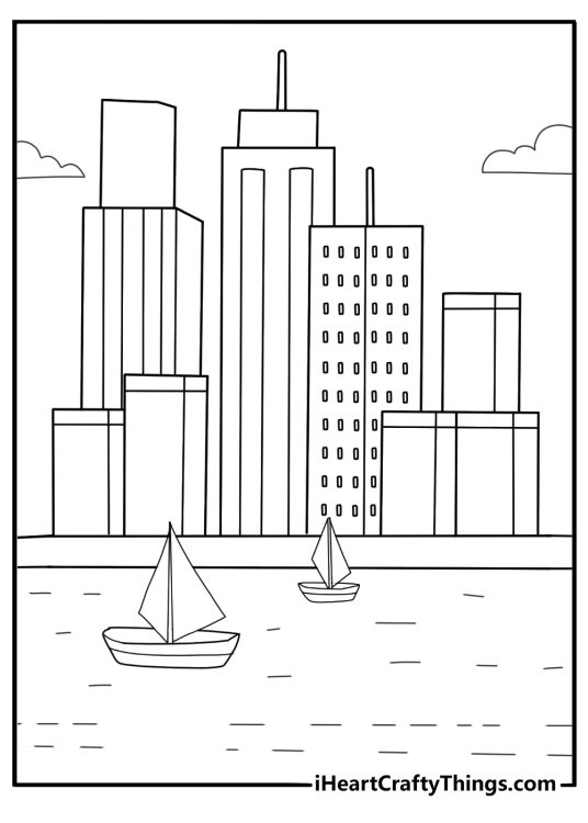 modern city harbor with boats and skyscrapers printable coloring page
