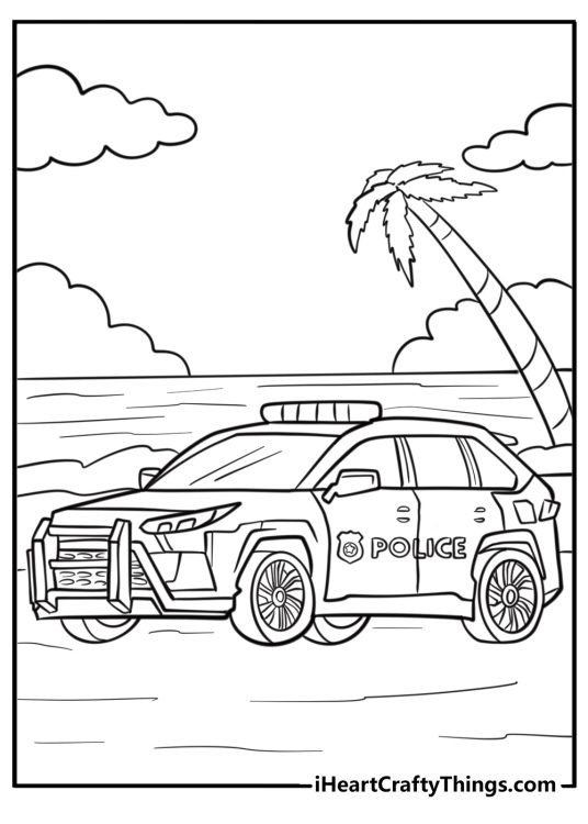 Modern police car with a spotlight detailed coloring sheet