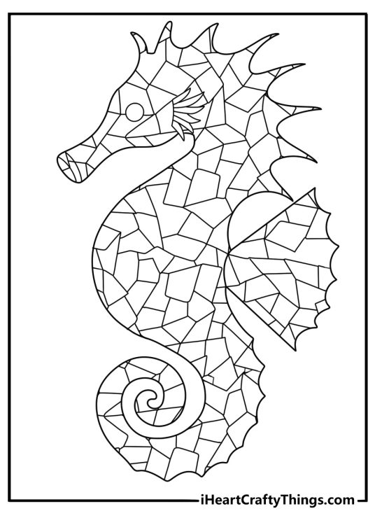 mosaic pattern seahorse geometric shapes adult coloring sheet pdf