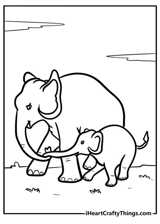 Printable coloring poster for children depicting mother elephant walking with the baby