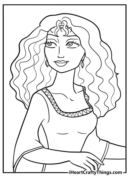 Mother gothel with a sly smile detailed tangled coloring page