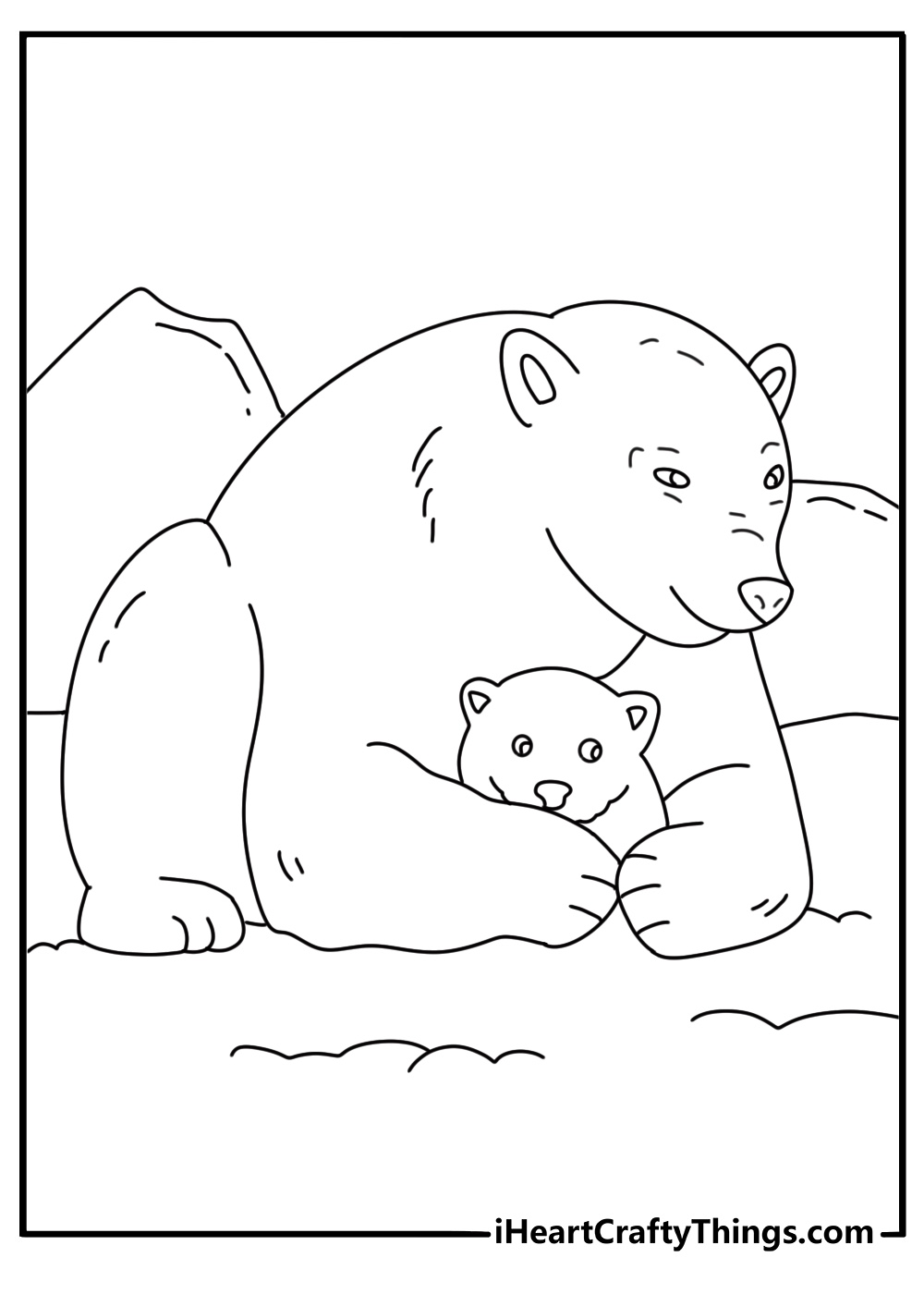 mother polar bear nurses her cub in this realistic arctic coloring printable
