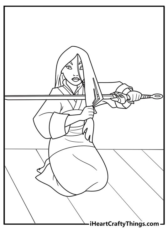 mulan cutting her hair with a sword coloring page printable pdf
