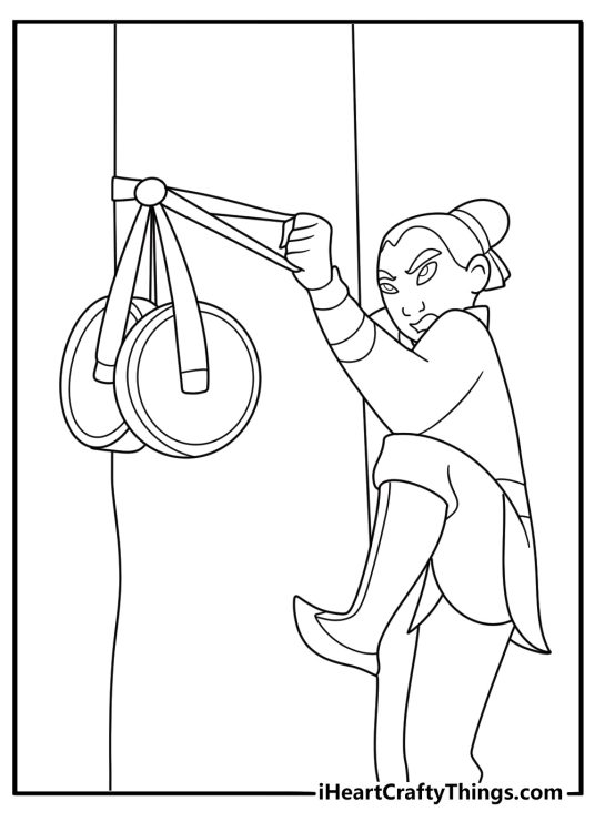 mulan in armor climbing the training pole with weights detailed coloring page