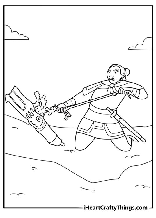 mulan lighting a cannon on the mountain printable coloring page for kids
