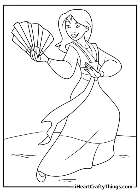 mulan using a folding fan to disarm a villain adult coloring page detailed