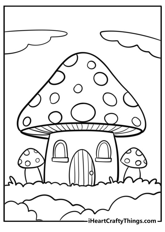 Mushroom-themed coloring page for kids featuring magical mushroom house with a little mushroom on each side