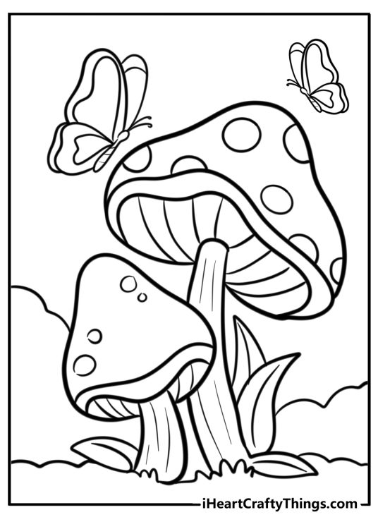 Detailed coloring picture featuring two butterflies flying above two mushrooms surrounded by greenery