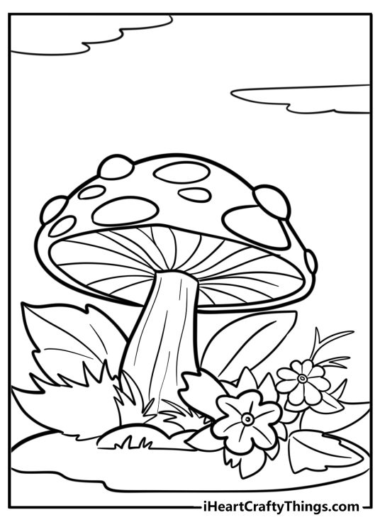 Detailed drawing to color presenting tall spotted mushroom surrounded by grass and flowers