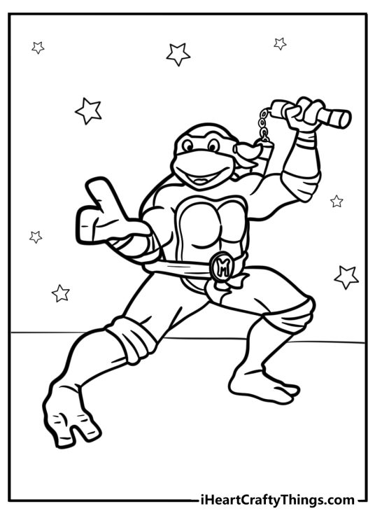 Ninja Turtles picture to print and color featuring Michelangelo striking a pose with nunchucks