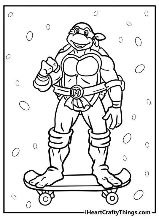 Ninja Turtles printable page for kids presenting Michelangelo on a skateboard with circles in the background