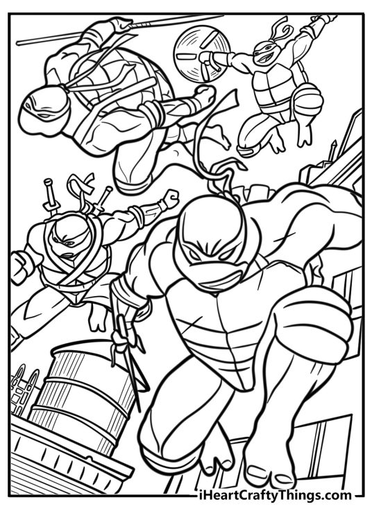 Detailed coloring poster for children featuring all Ninja Turtles jumping into battle