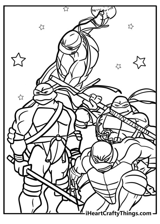 Detailed drawing featuring Ninja Turtles team with their weapons surrounded by stars