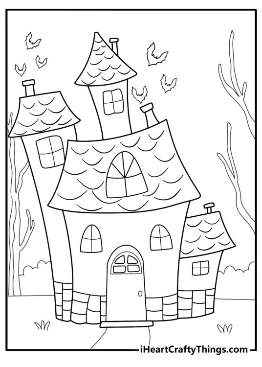 old haunted house with bats flying out of the chimney coloring sheet