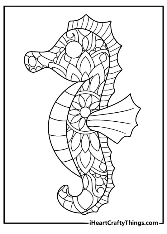 ornate zentangle seahorse mandala style detailed coloring page for adults