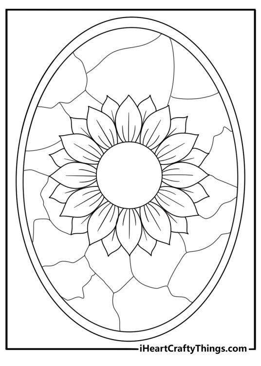 oval stained glass with sunflower design printable coloring sheet