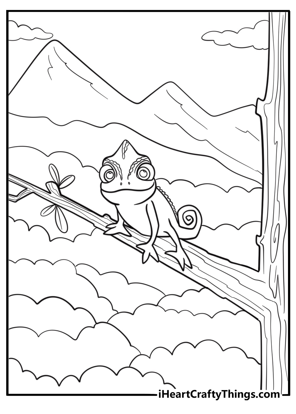 Pascal the chameleon sitting on a branch free coloring page pdf