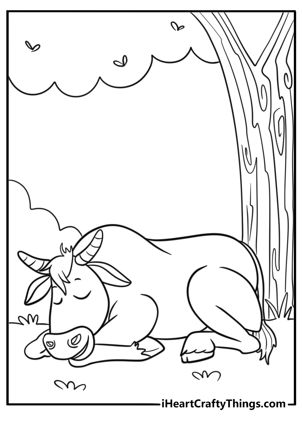 Peaceful bull resting under a tree coloring page 