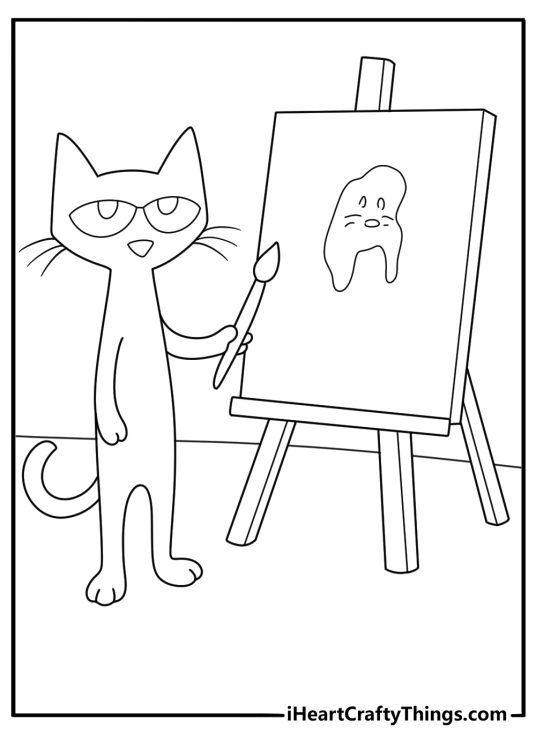 pete the cat coloring page for kids pete the cat painting on an easel with a paintbrush printable pdf