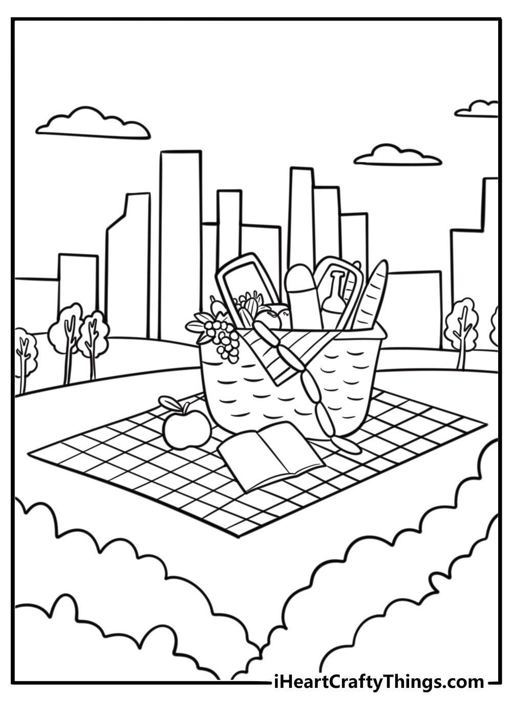 Picnic basket and blanket in the park coloring sheet