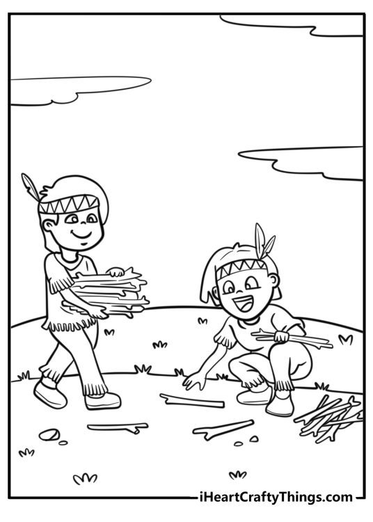 Pilgrim boy gathering firewood coloring page