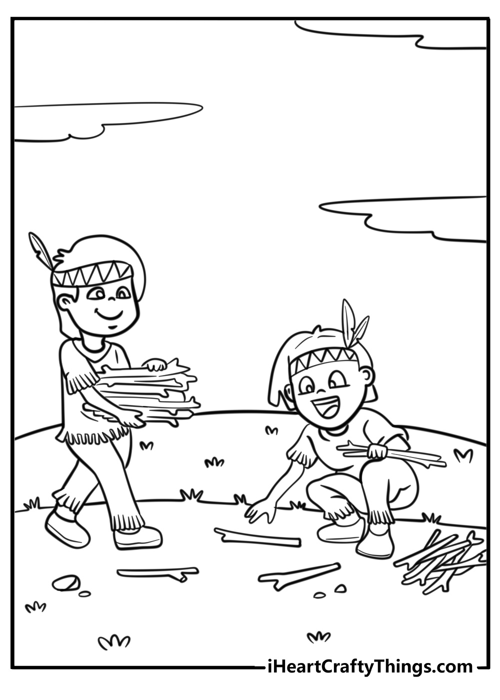 Pilgrim boy gathering firewood coloring page