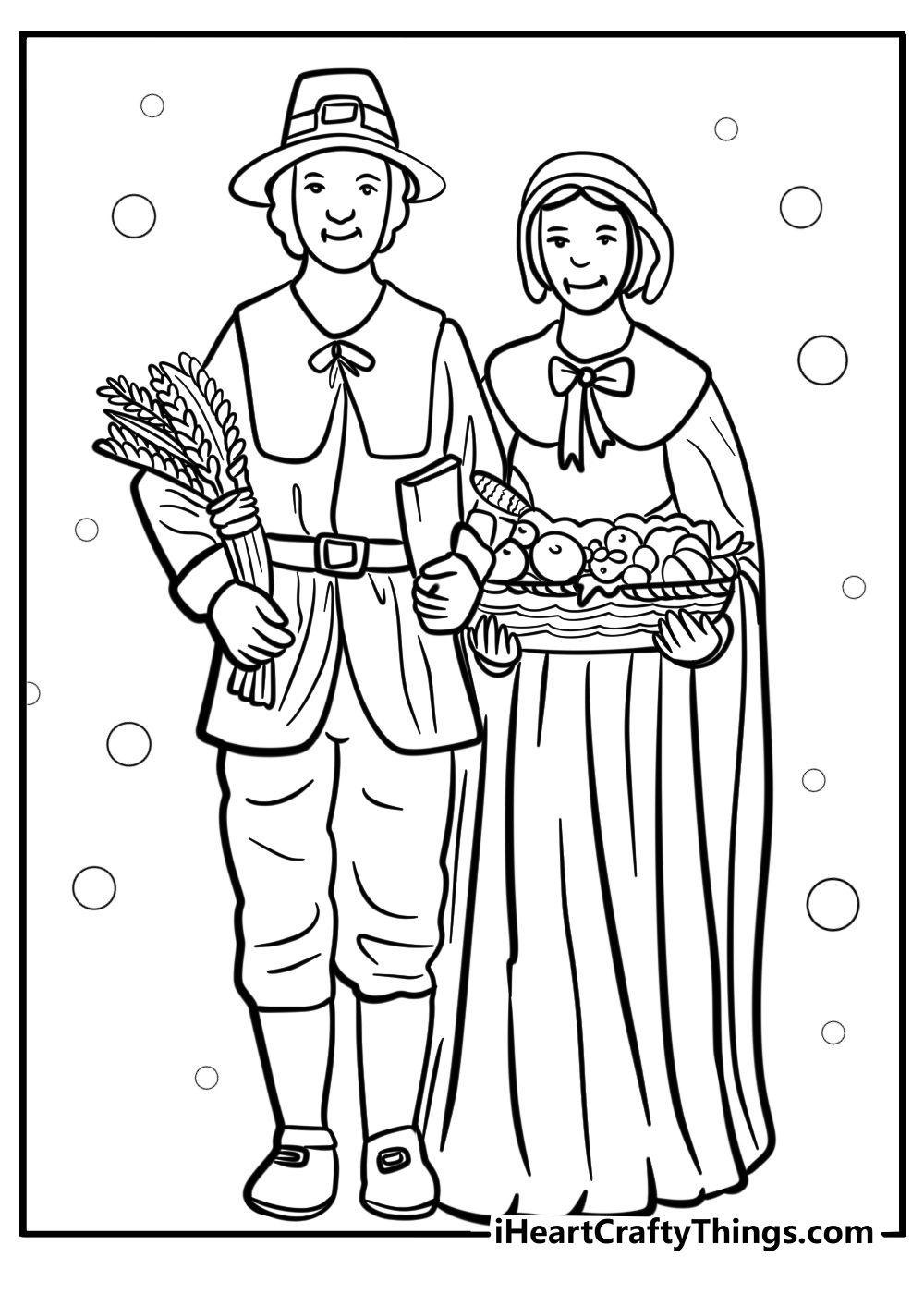 Pilgrim couple smiling and holding baskets fun coloring sheet