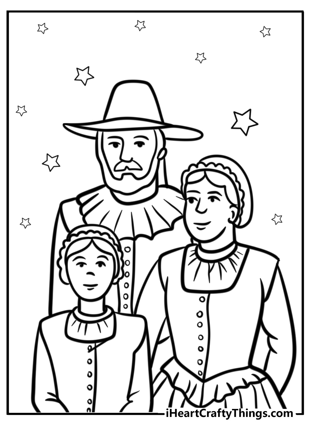 Pilgrim family standing together free coloring page pdf