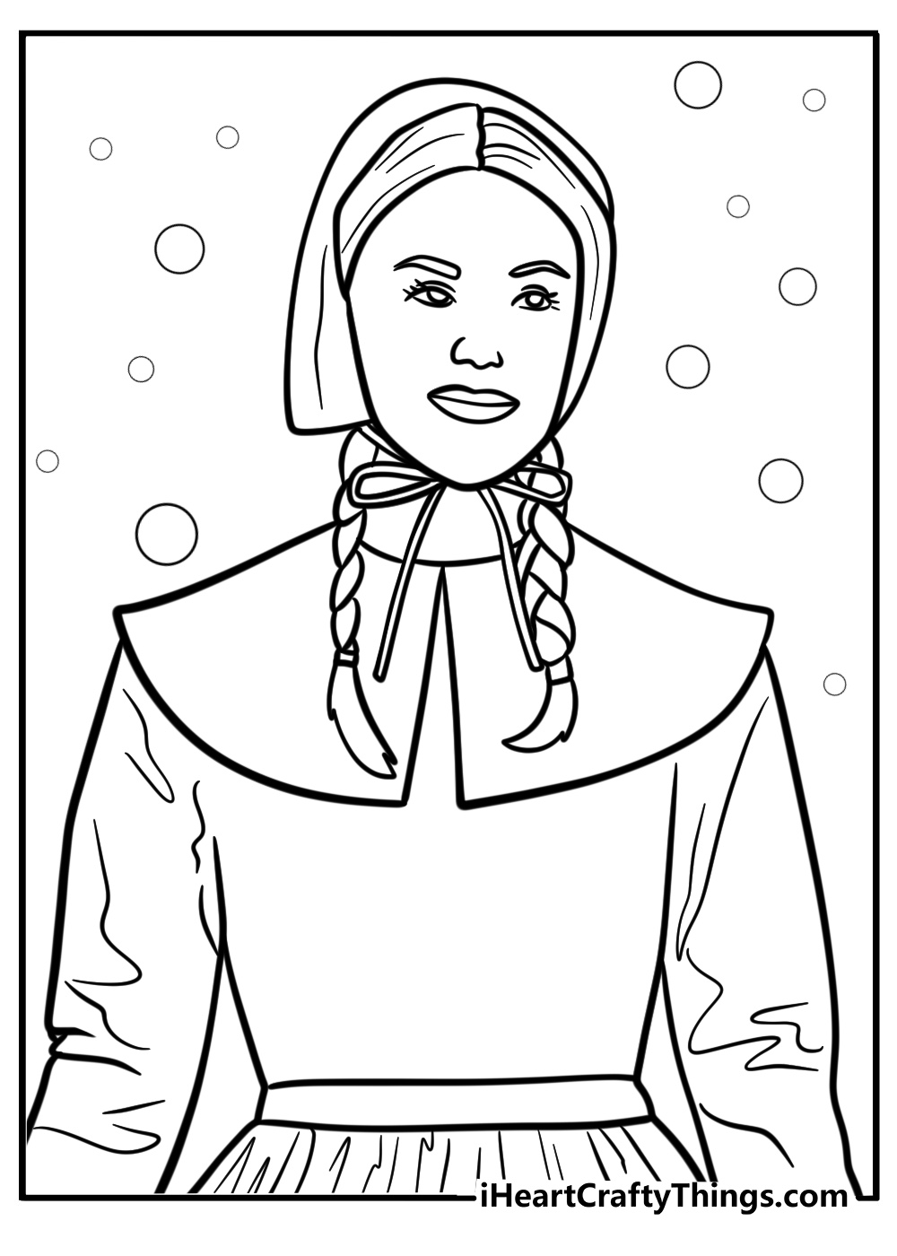 Pilgrim girl with bonnet detailed coloring sheet