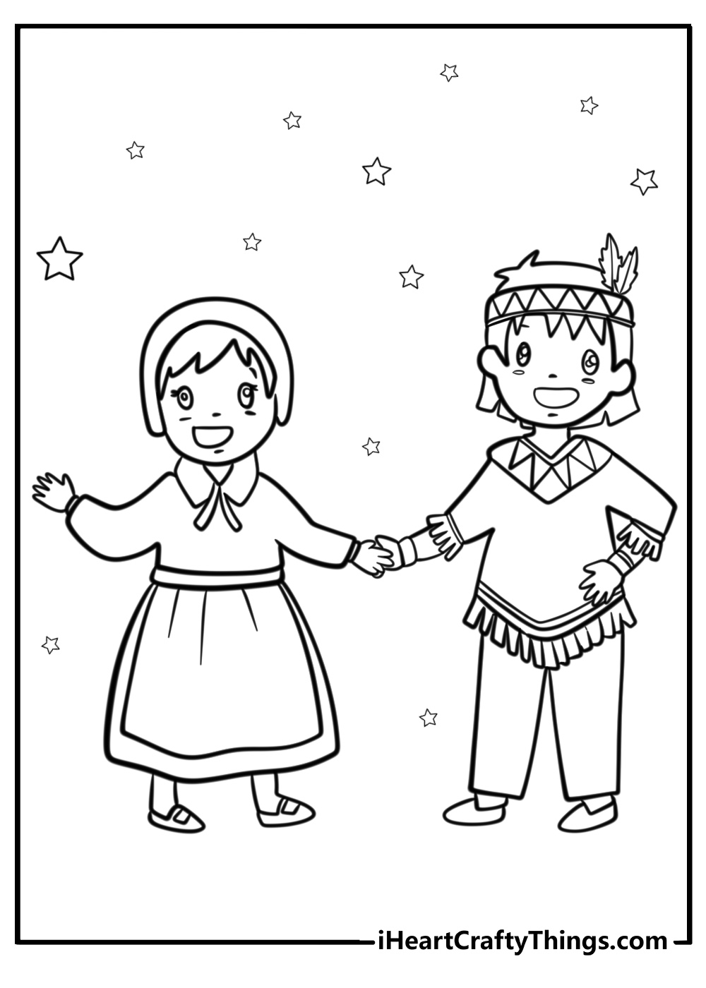 Pilgrim man and woman holding hands fun printable coloring sheet