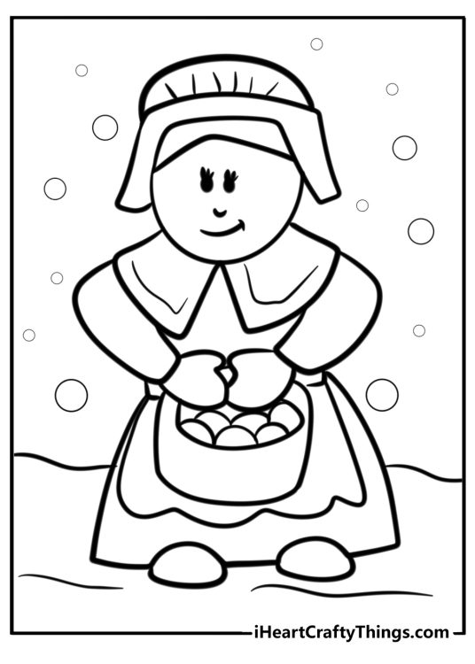 Pilgrim woman carrying a basket detailed coloring sheet