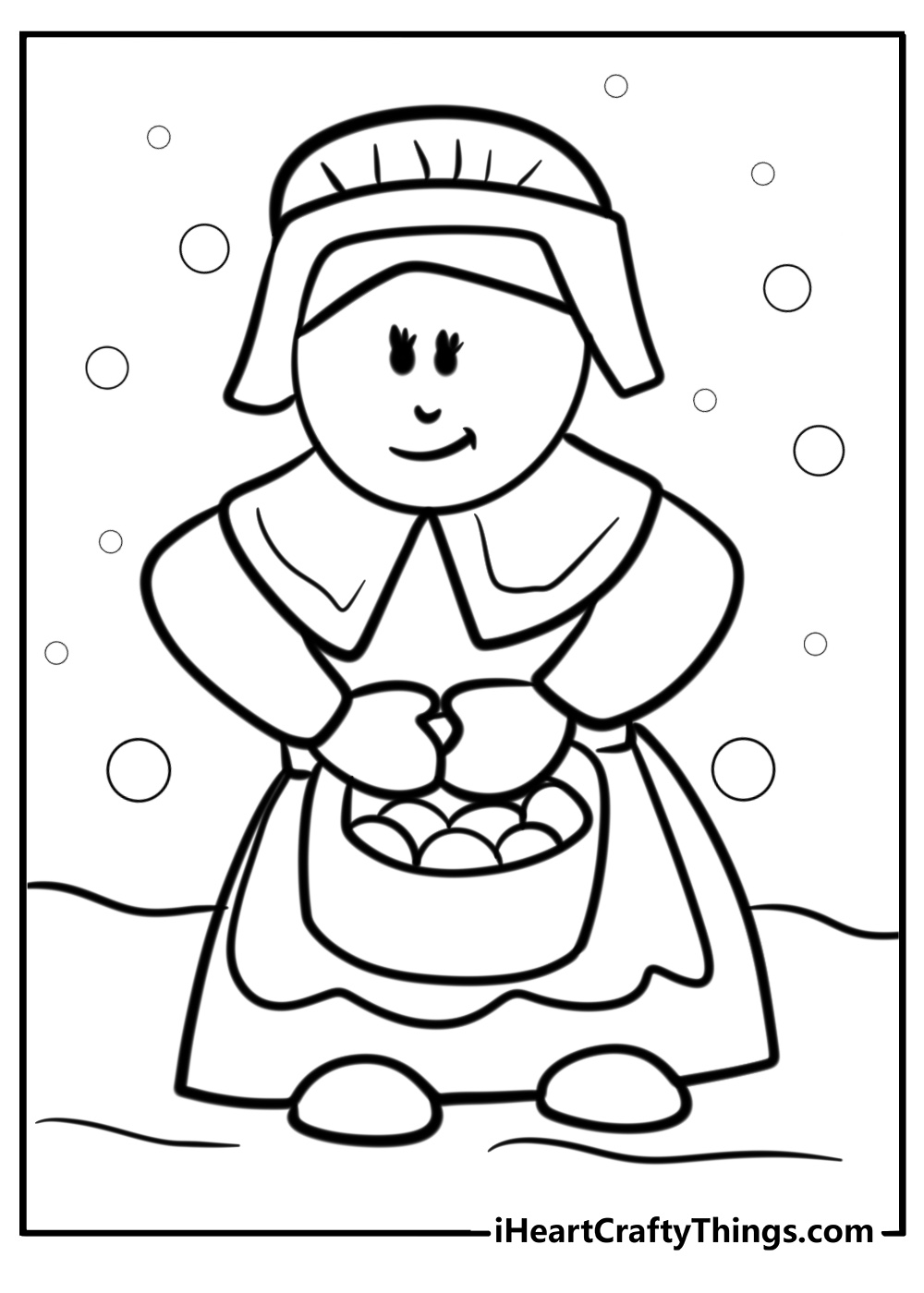 Pilgrim woman carrying a basket detailed coloring sheet