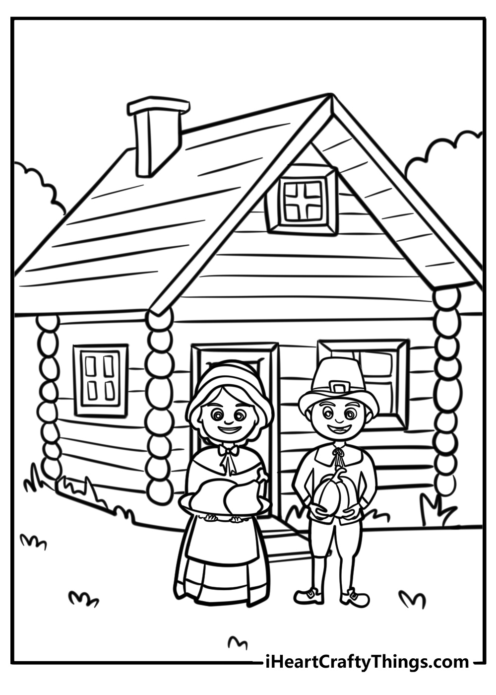 Pilgrims standing by a log cabin free printable coloring page