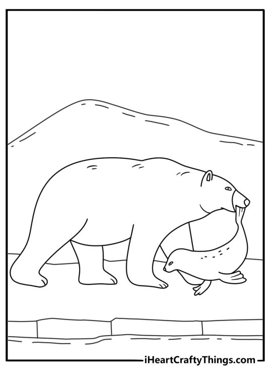 polar bear coloring page showing a bear stalking a seal across the ice