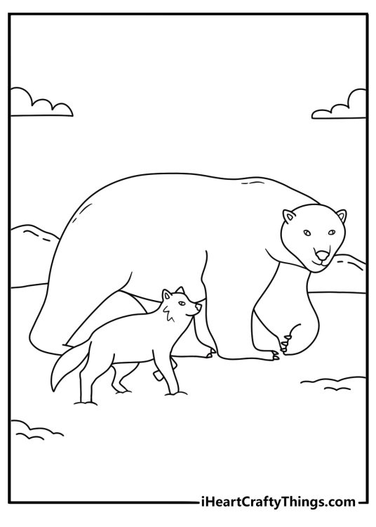 polar bear coloring pages scene showing a bear beside an arctic fox