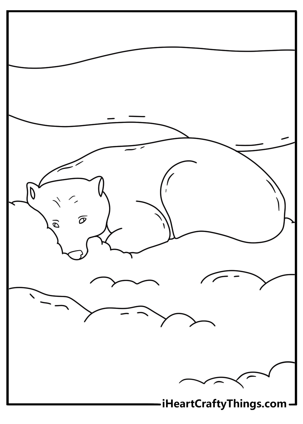 polar bear curls up to sleep on a flat snowy plain in this simple coloring sheet
