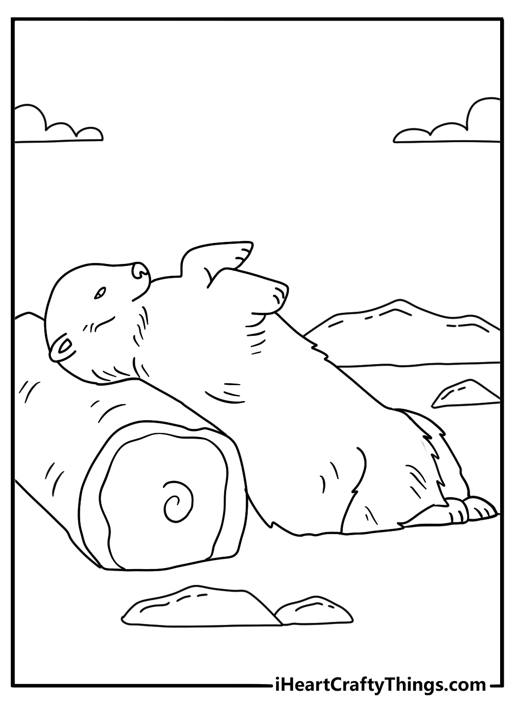 polar bear scratches its back against a large piece of driftwood