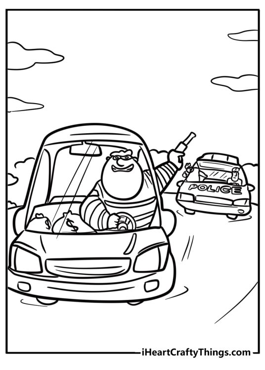 Police car chasing a criminal free coloring page pdf