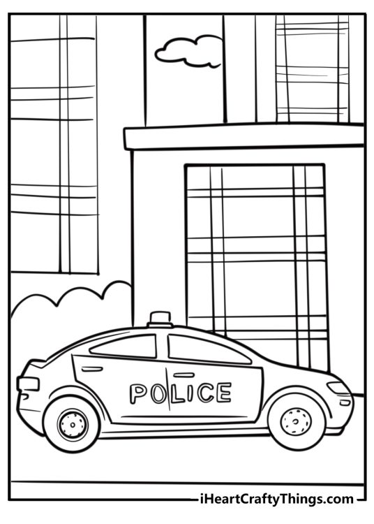Police car driving through the city streets detailed coloring sheet