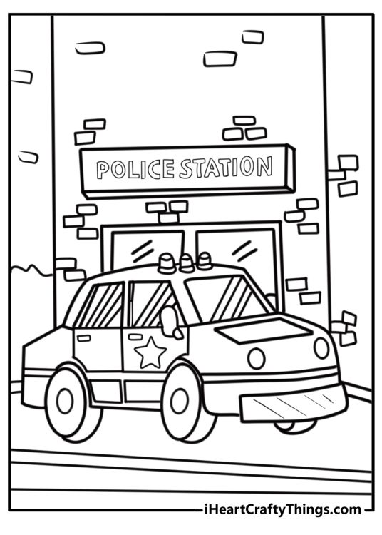 Police car parked at the station coloring page