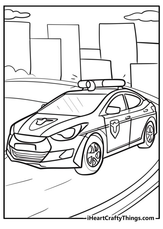 Police car with a badge on the door free printable coloring page
