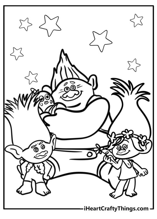 Troll coloring poster featuring Poppy, Branch, Biggie and Mr. Dinkles with stars in the backgorund