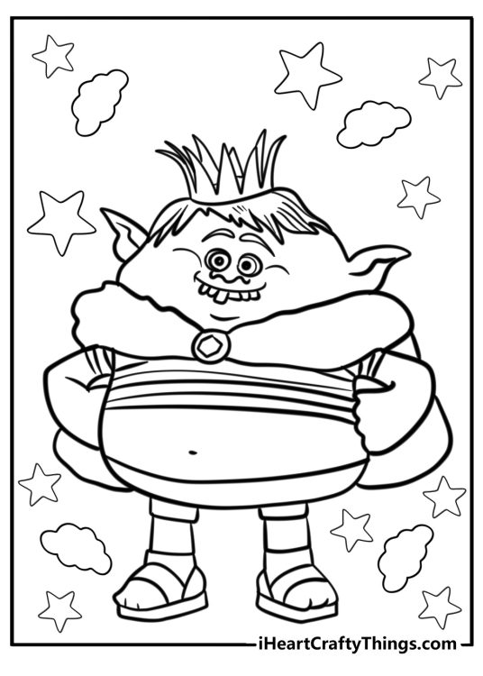 Detailed Troll-themed printable featuring Prince Gristle surrounded by clouds and stars