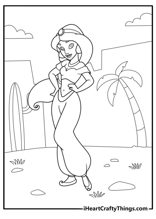 princess jasmine in desert scene with palm trees detailed coloring page for adults