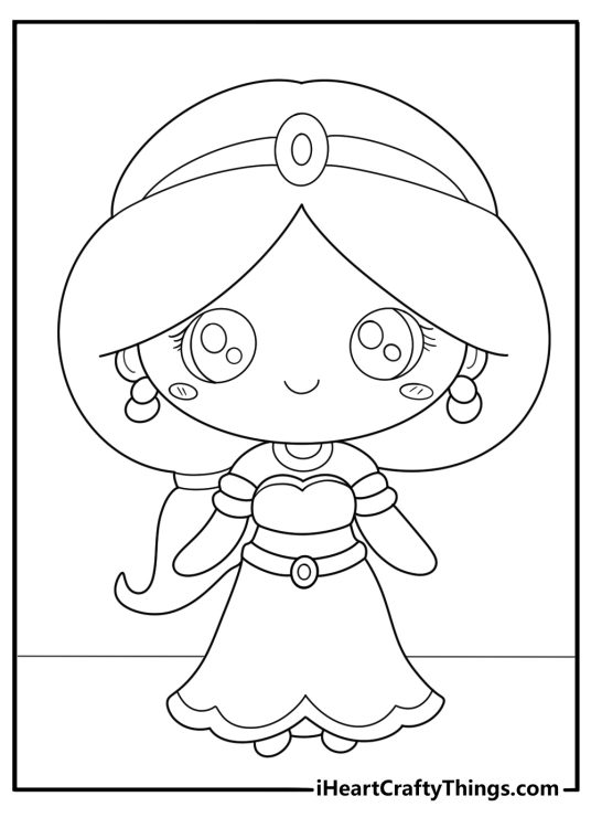 princess jasmine in traditional royal outfit kawaii style coloring page
