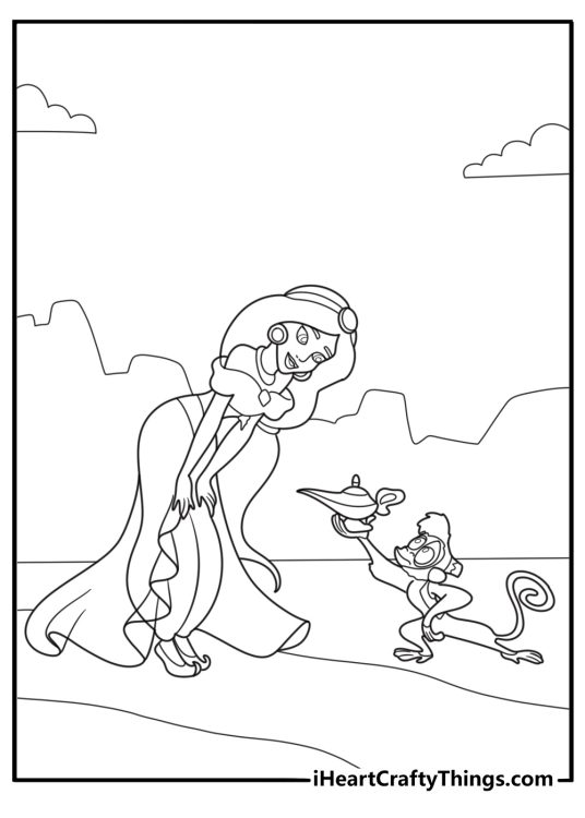 princess jasmine playing with abu the monkey fun coloring sheet